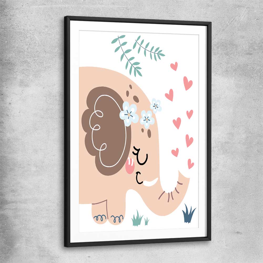 Loving Elephant black glass front frame is a nursery canvas wall art and print suited for childrens nursery area