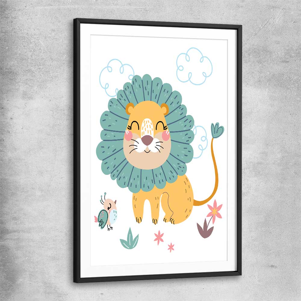 Safari Lion black glass front frame is a nursery canvas wall art and print suited for childrens nursery area
