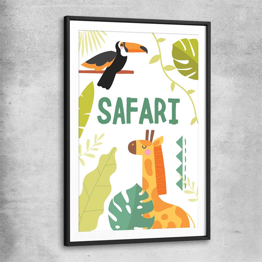 Safari Roaming black glass front frame is a nursery canvas wall art and print suited for childrens nursery area