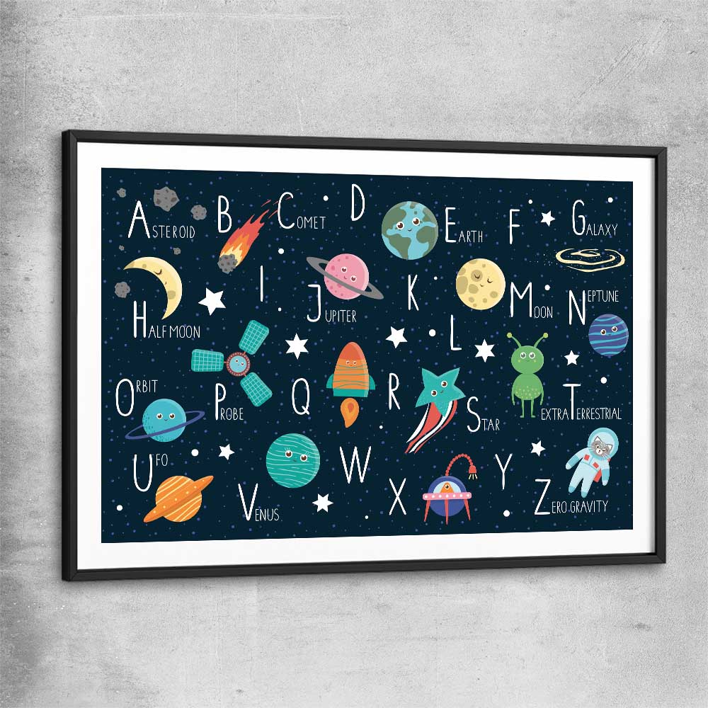 Space Alphabet black glass front frame is a nursery canvas wall art and print suited for childrens nursery area