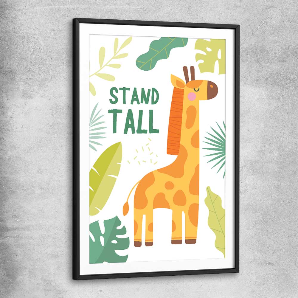 Tall Giraffe black glass front frame is a nursery canvas wall art and print suited for childrens nursery area