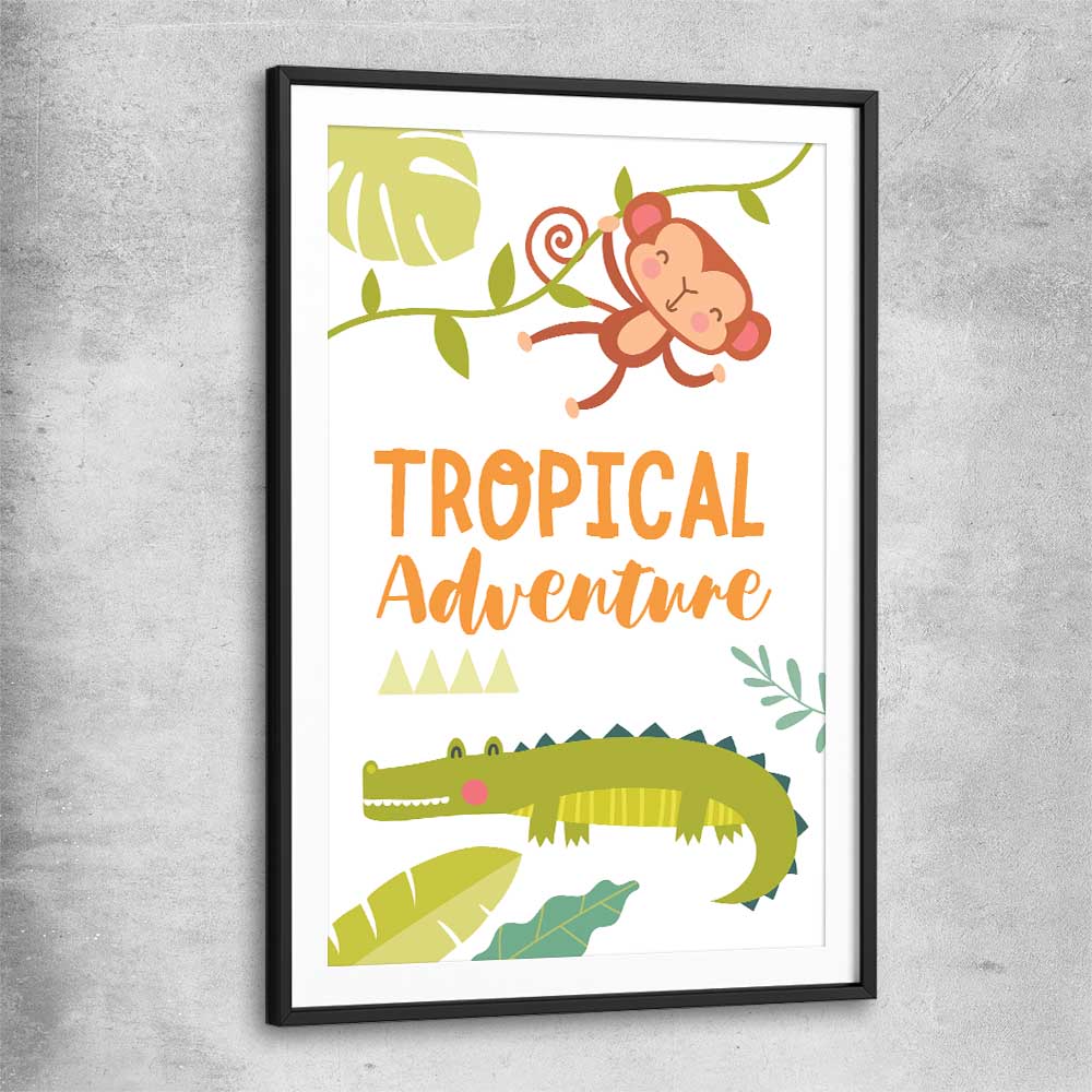 Tropical Adventure black glass front frame is a nursery canvas wall art and print suited for childrens nursery area