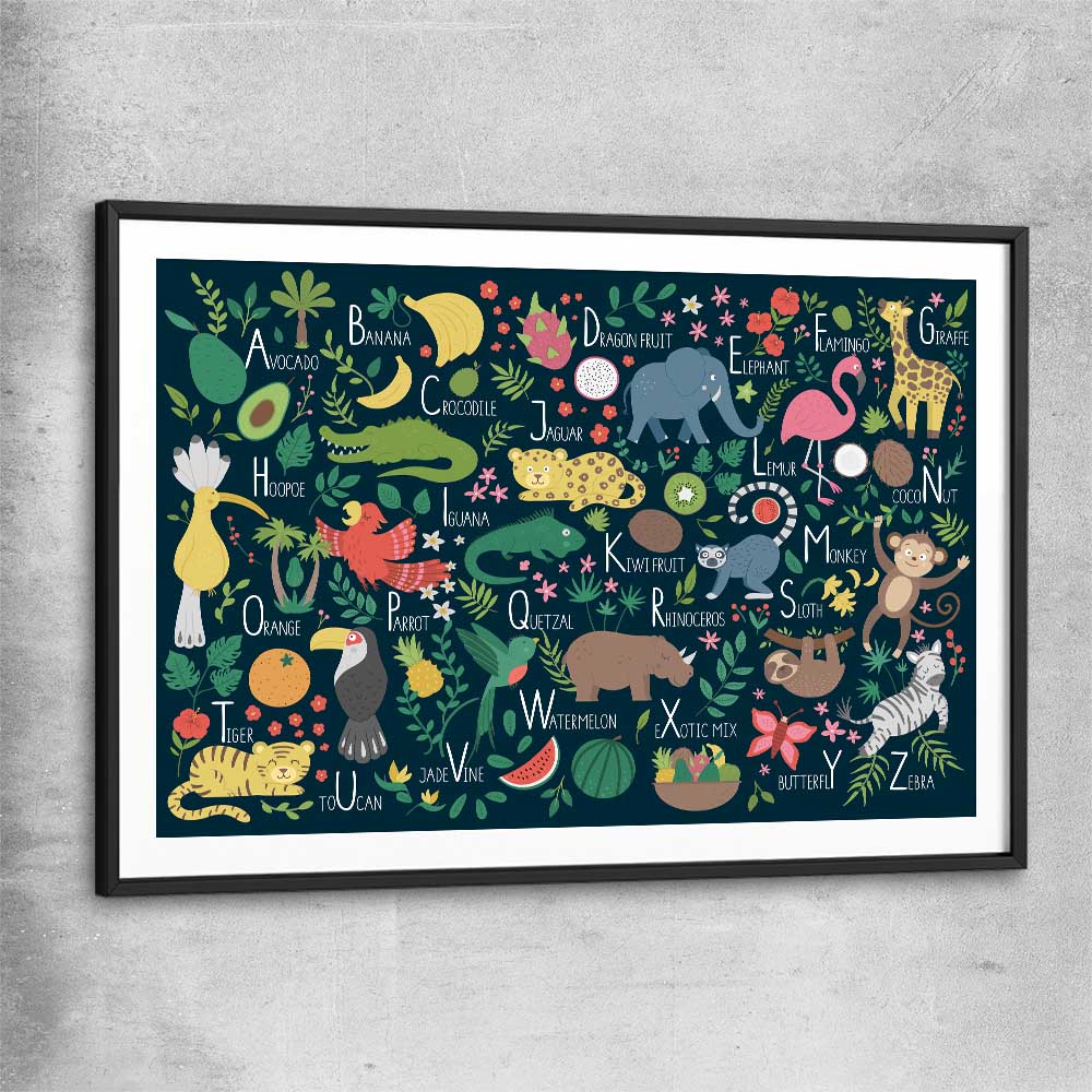 Tropical Alphabet black glass front frame is a nursery canvas wall art and print suited for childrens nursery area