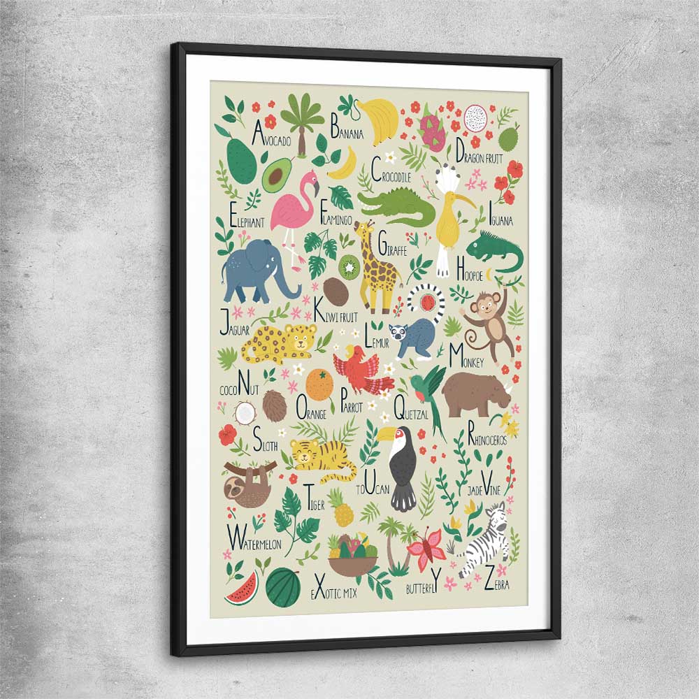Tropical Alphabet Light black glass front frame is a nursery canvas wall art and print suited for childrens nursery area