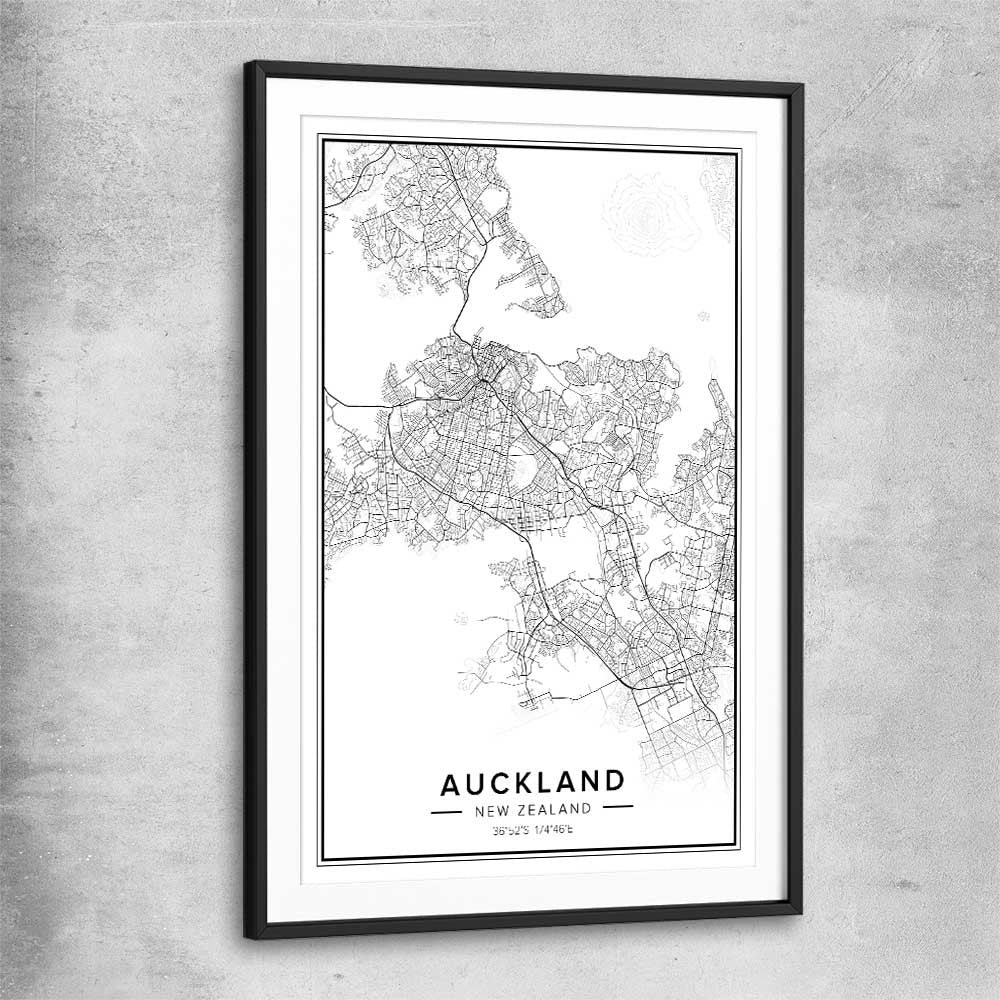 Auckland City black glass front frame is a high quality print in our city skyline, travel prints and maps collection