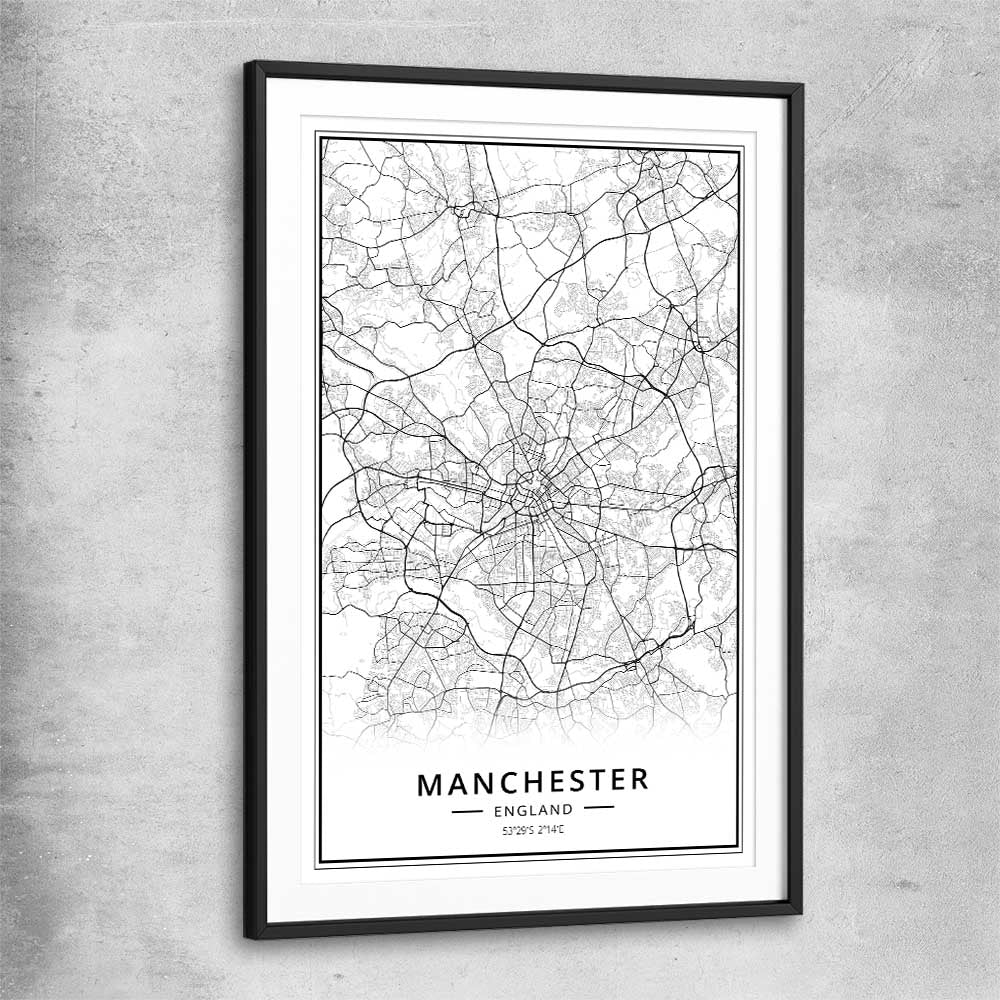 Greater Manchester black glass front frame is a high quality print in our city skyline, travel prints and maps collection