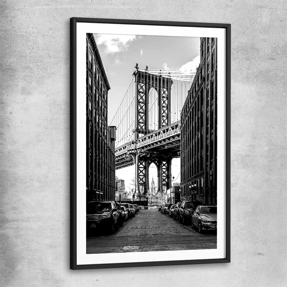 Manhattan Bridge black glass front frame is a high quality print in our city skyline, travel prints and maps collection