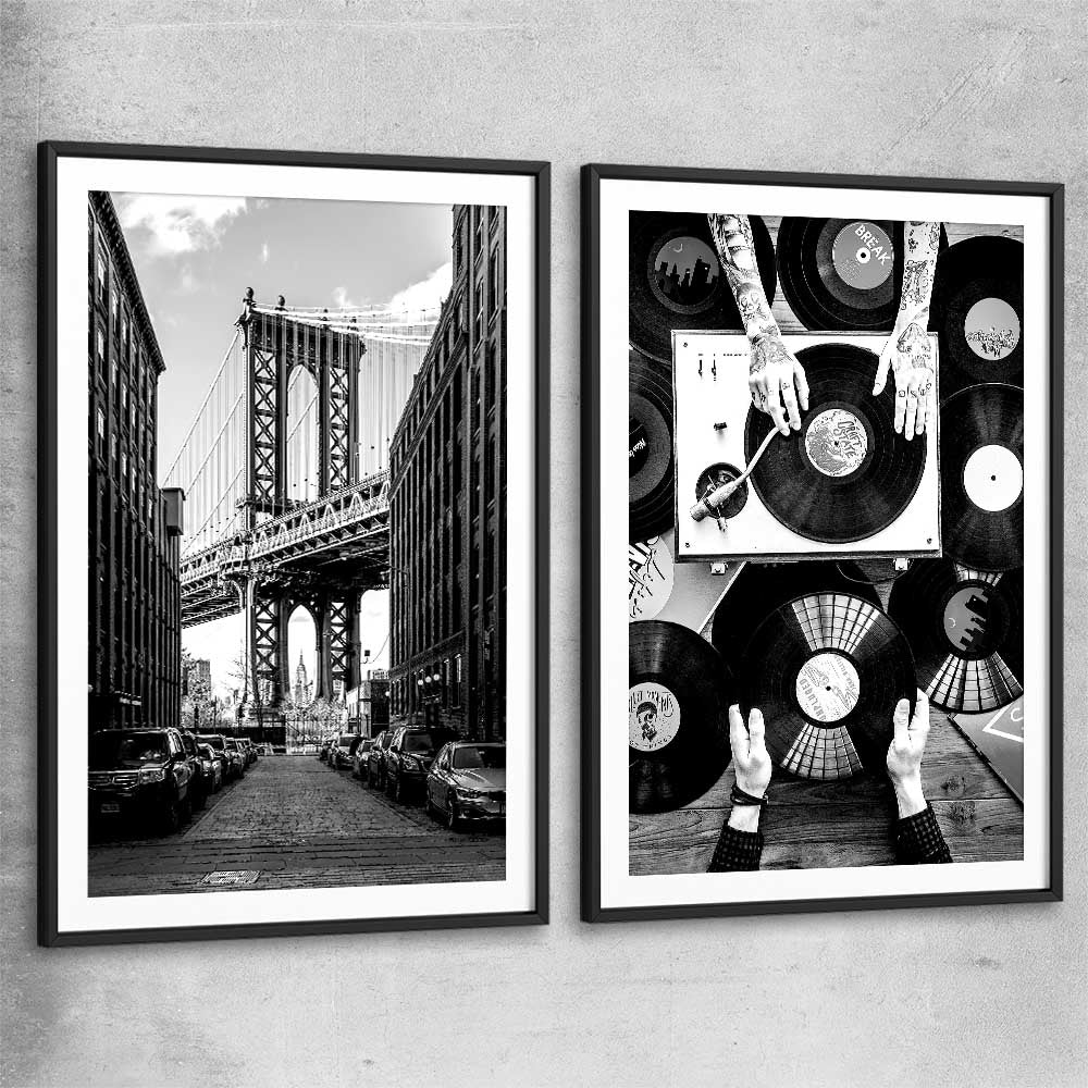 Manhattan Bridge Pair black glass front frame is a high quality print in our city skyline, travel prints and maps collection