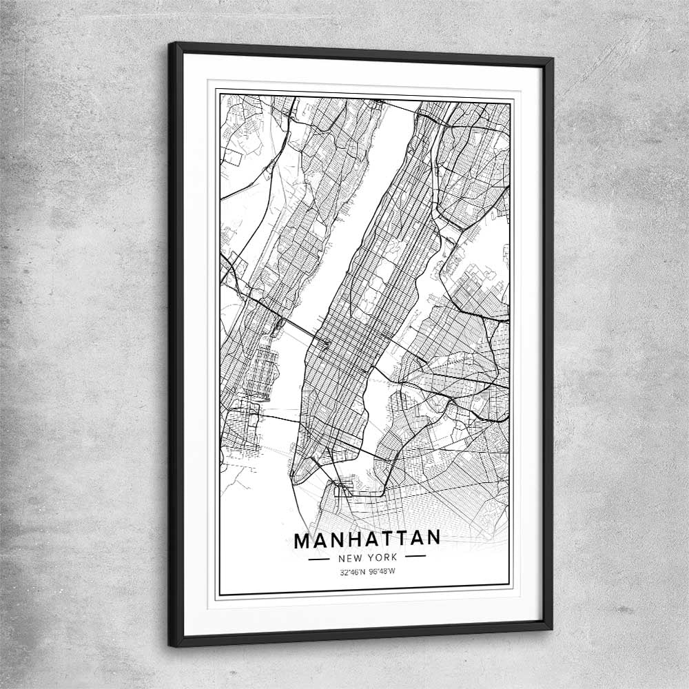 Manhattan City black glass front frame is a high quality print in our city skyline, travel prints and maps collection