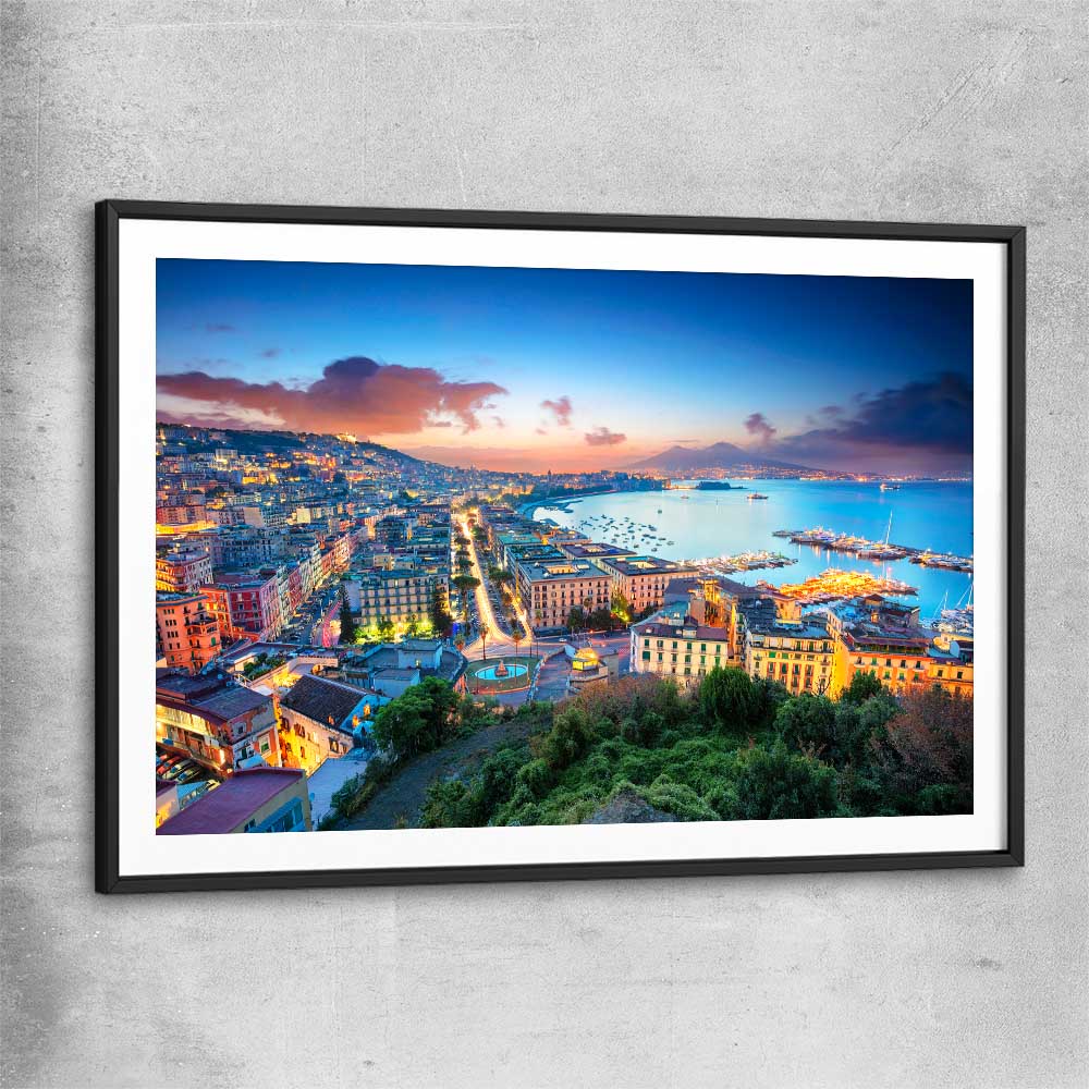 Naples City Lights black glass front frame is a high quality print in our city skyline, travel prints and maps collection