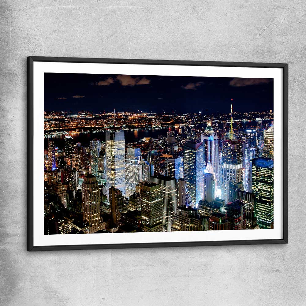 New York Glow black glass front frame is a high quality print in our city skyline, travel prints and maps collection