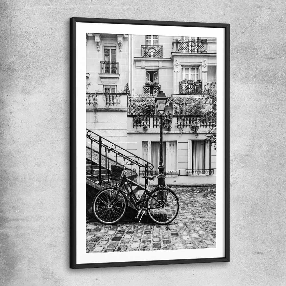 Paris Bicycle black glass front frame is a high quality print in our city skyline, travel prints and maps collection