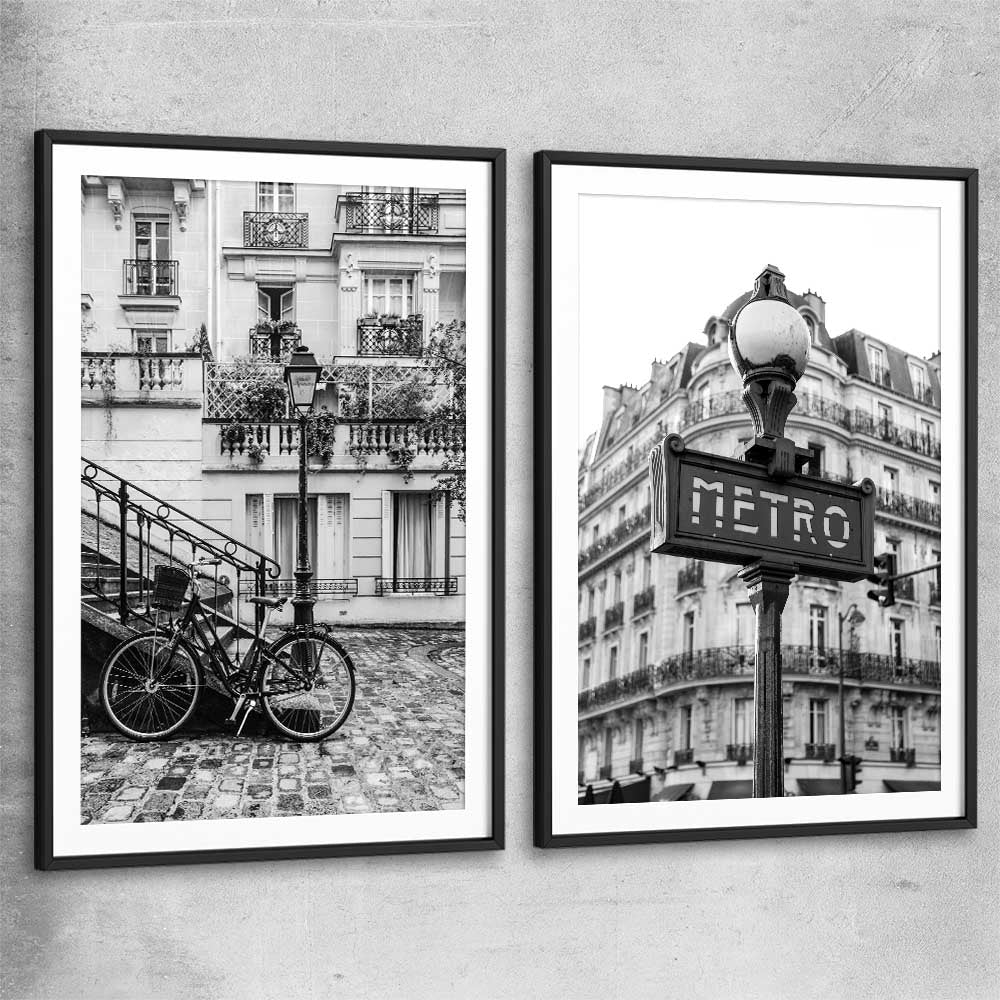 Paris Bicycle Pair black glass front frame is a high quality print in our city skyline, travel prints and maps collection