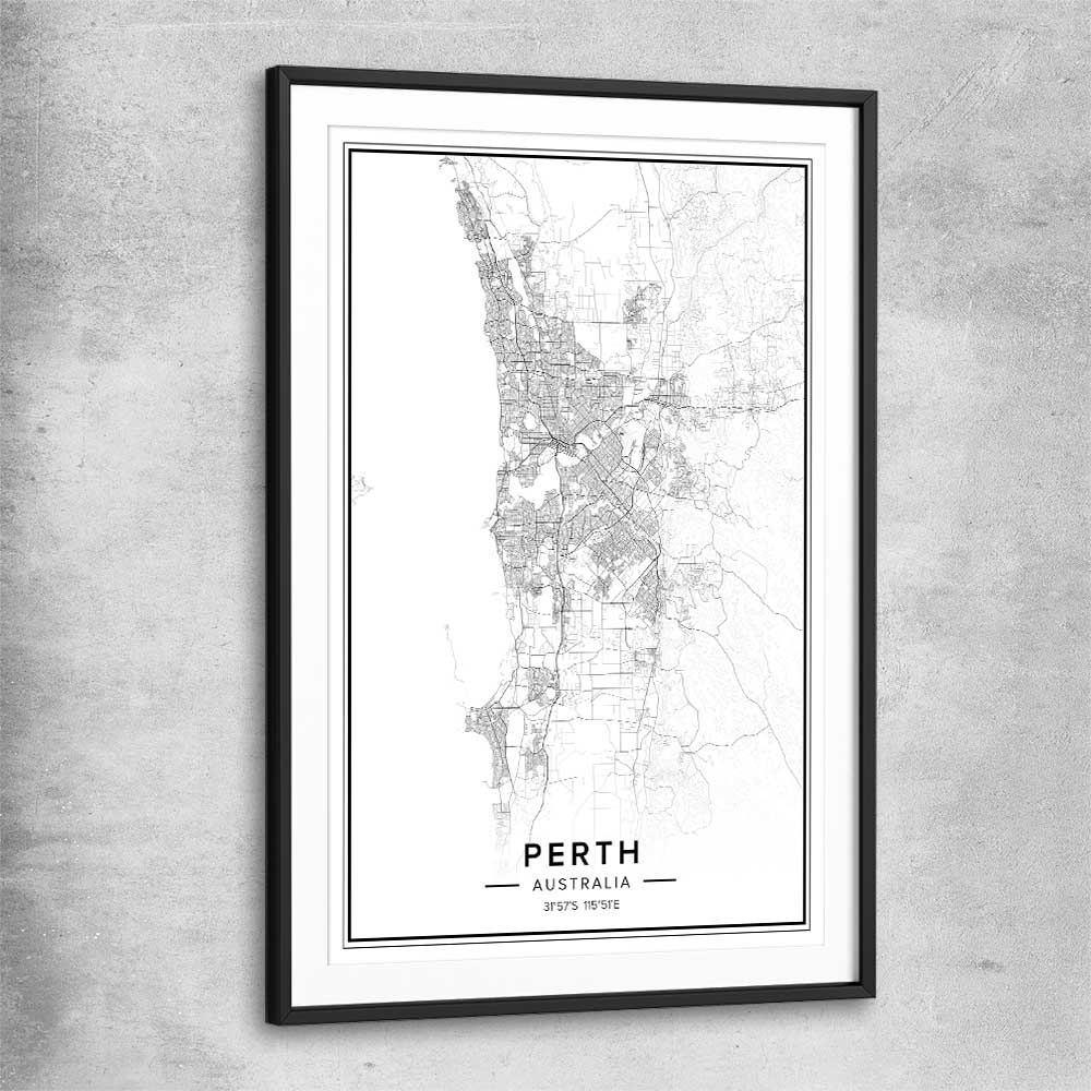 Perth City black glass front frame is a high quality print in our city skyline, travel prints and maps collection
