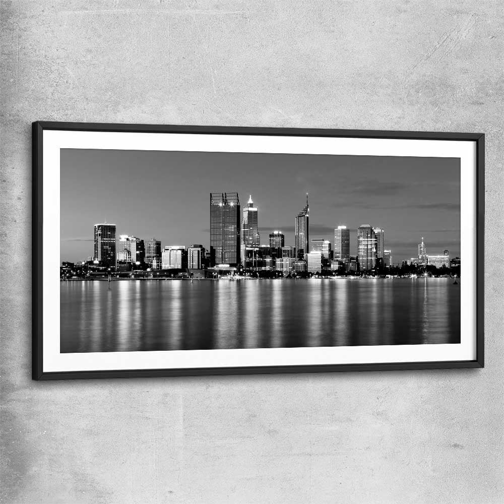 Perth Skyline black glass front frame is a high quality print in our city skyline, travel prints and maps collection