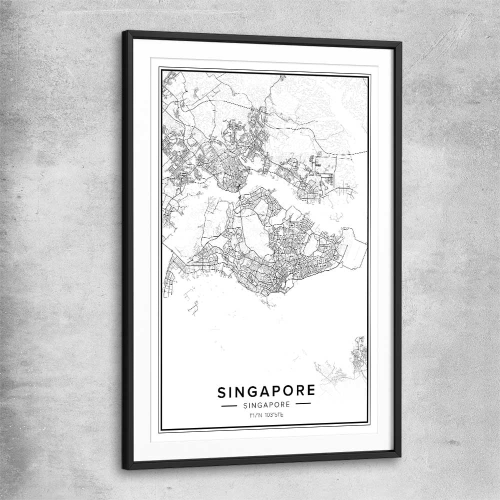 Singapore City black glass front frame is a high quality print in our city skyline, travel prints and maps collection