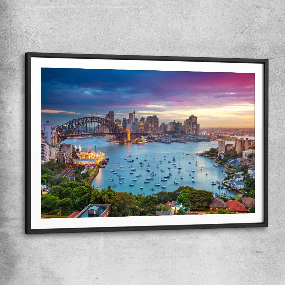 Sydney Sunset black glass front frame is a high quality print in our city skyline, travel prints and maps collection