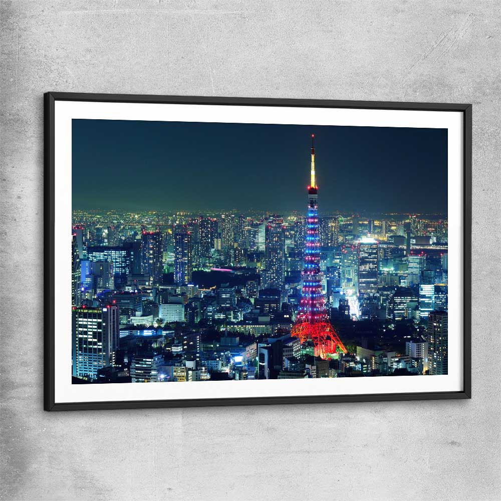 Tokyo City black glass front frame is a high quality print in our city skyline, travel prints and maps collection