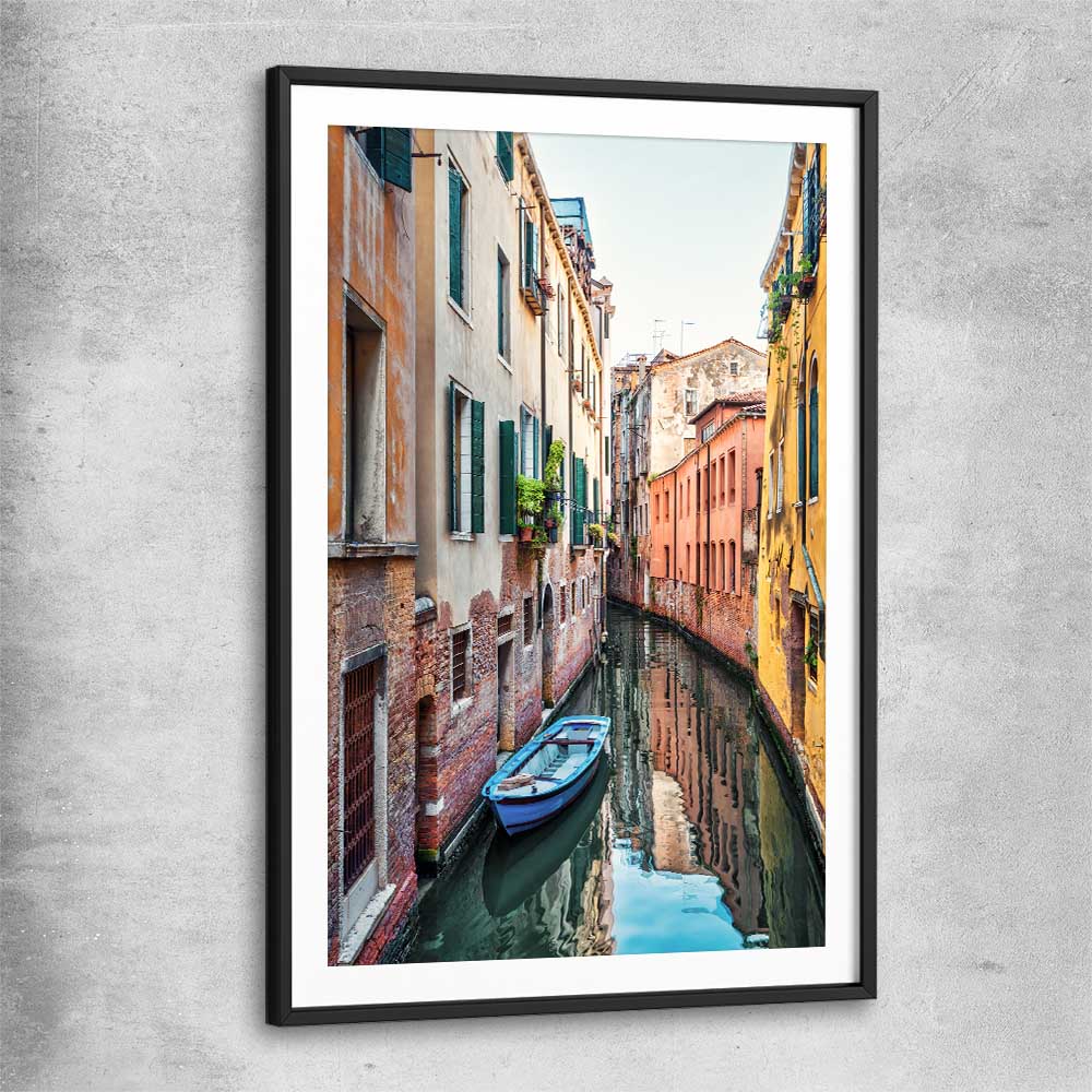Venice Streets black glass front frame is a high quality print in our city skyline, travel prints and maps collection