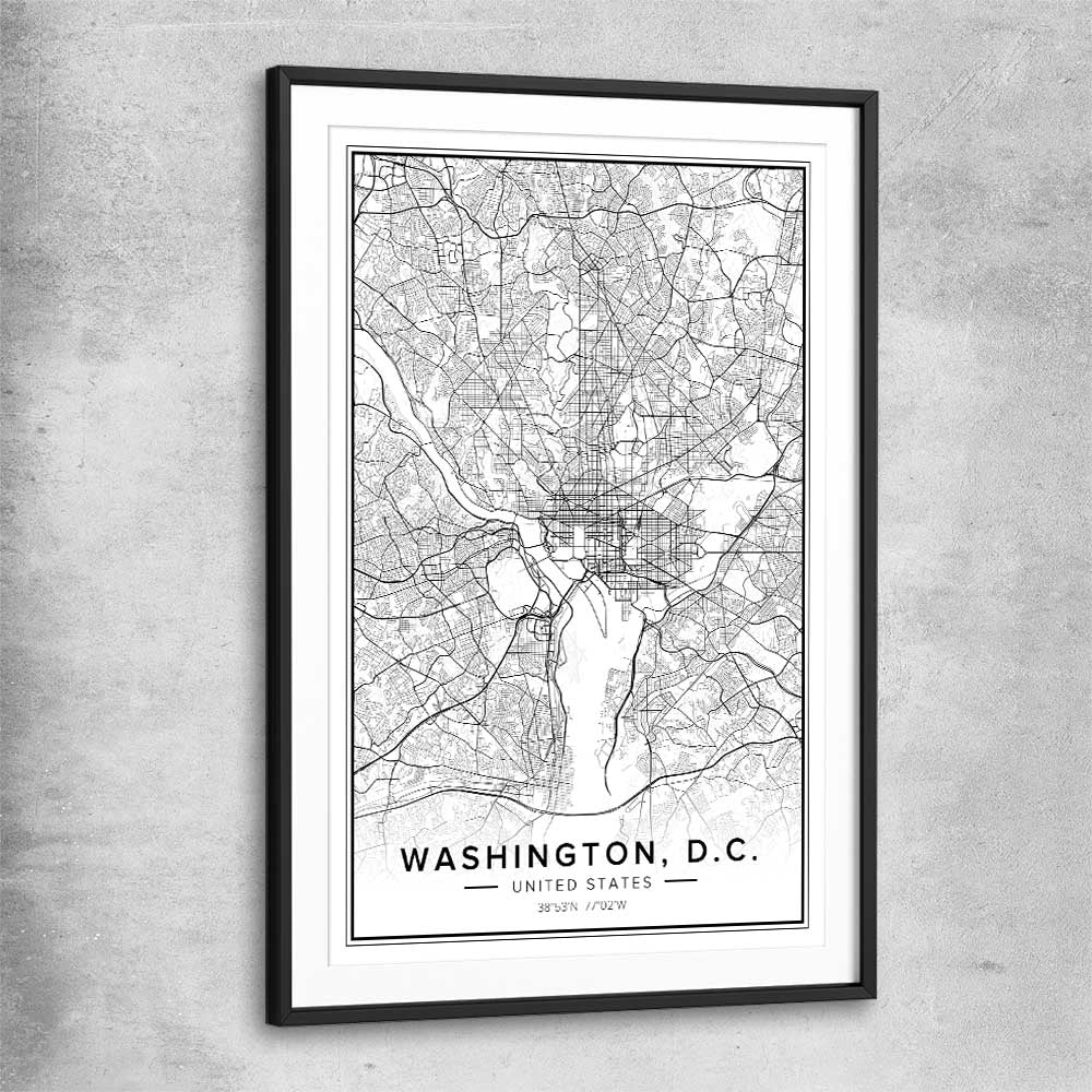 Washington City black glass front frame is a high quality print in our city skyline, travel prints and maps collection