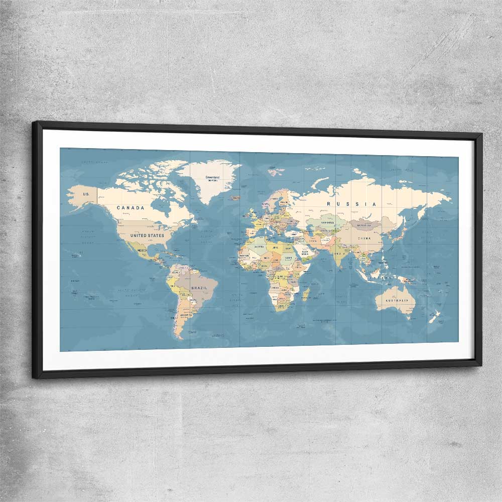 World Map black glass front frame is a high quality print in our city skyline, travel prints and maps collection