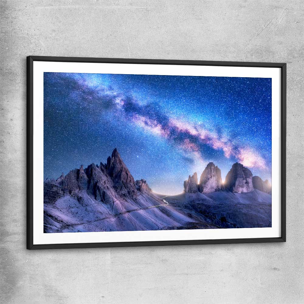 Space prints and wall art of Bright Milky Way with black glass front frame