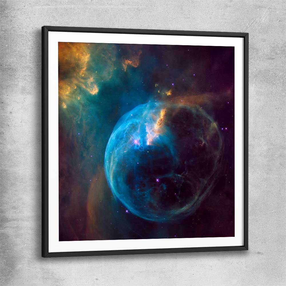 Space prints and wall art of Bubble Nebula with black glass front frame