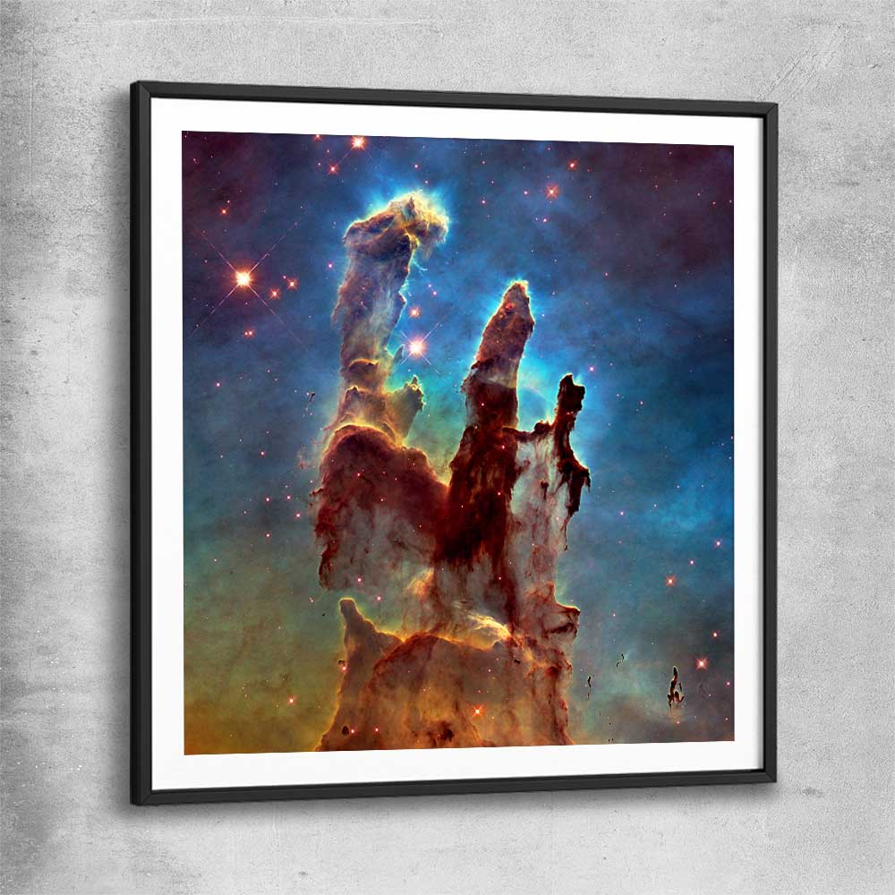 Space prints and wall art of Pillars of Creation with black glass front frame