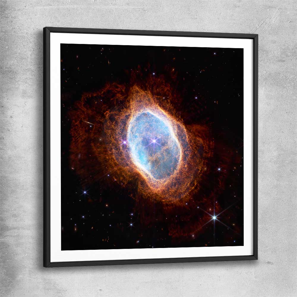 Space prints and wall art of Southern Ring Nebula with black glass front frame