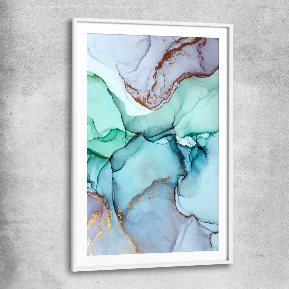 Aqua Gold white glass front frame - part of our high quality canvas abstract wall art collection