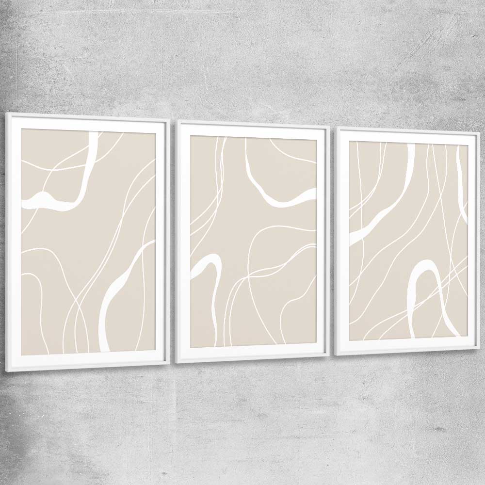 Beige Lines Set white glass front frame - part of our high quality canvas abstract wall art collection
