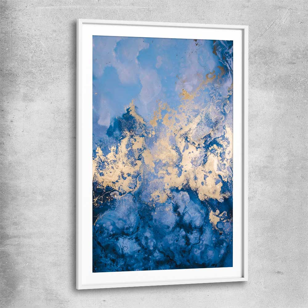 Blue and Gold Flow white glass front frame - part of our high quality canvas abstract wall art collection