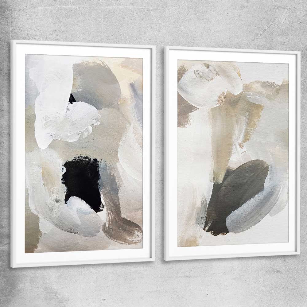 Cosy Neutral Pair white glass front frame - part of our high quality canvas abstract wall art collection