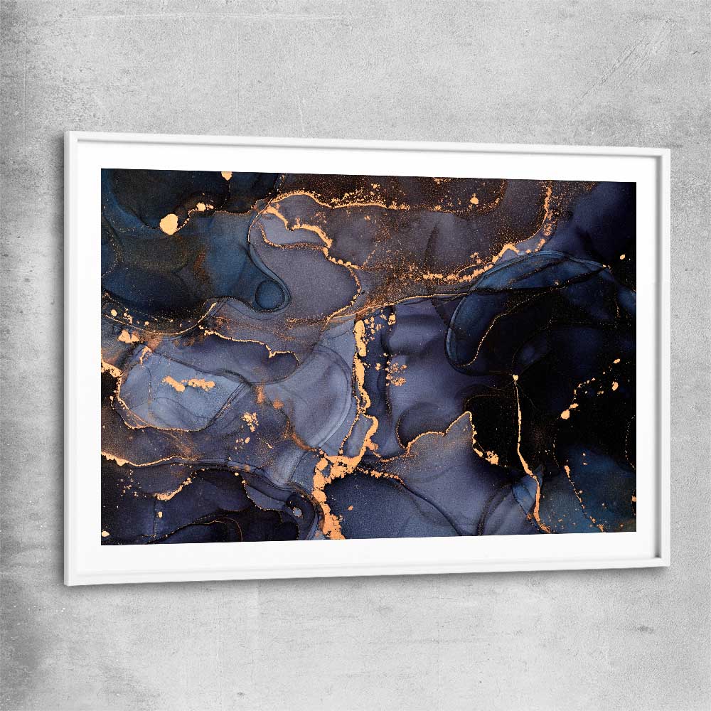 Deep Blue Veins white glass front frame - part of our high quality canvas abstract wall art collection