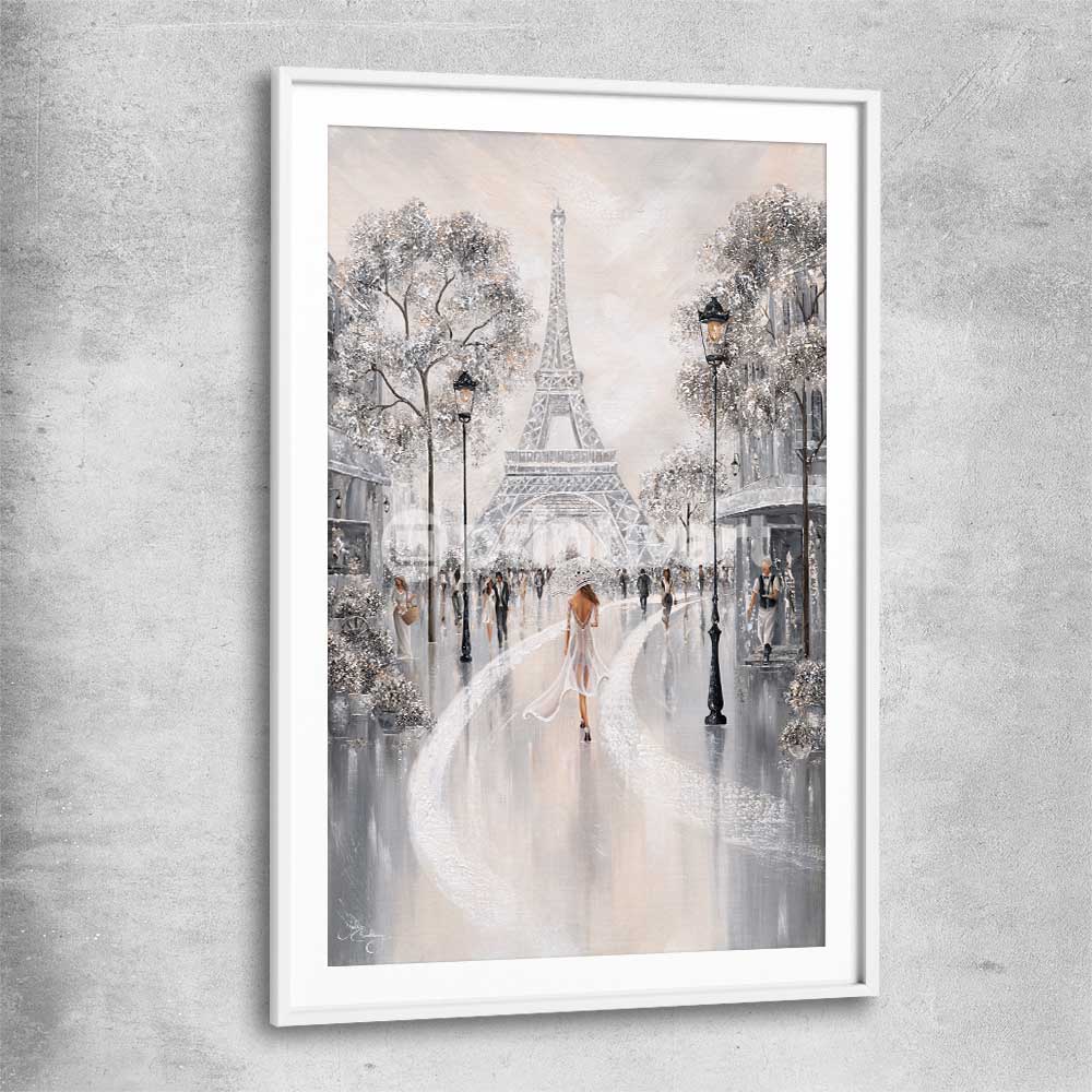 Eiffel Tower, Flair of Paris white glass front frame - part of our high quality canvas abstract wall art collection