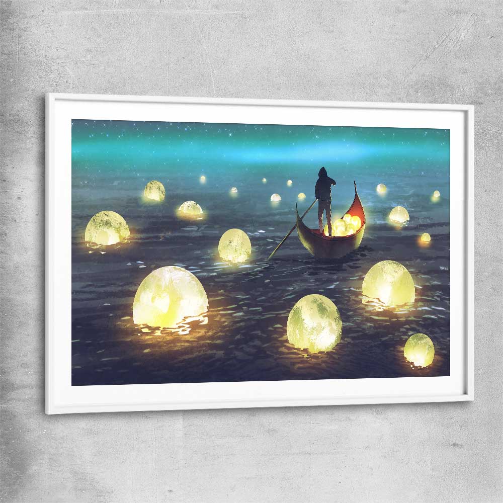 Glowing Moons white glass front frame - part of our high quality canvas abstract wall art collection