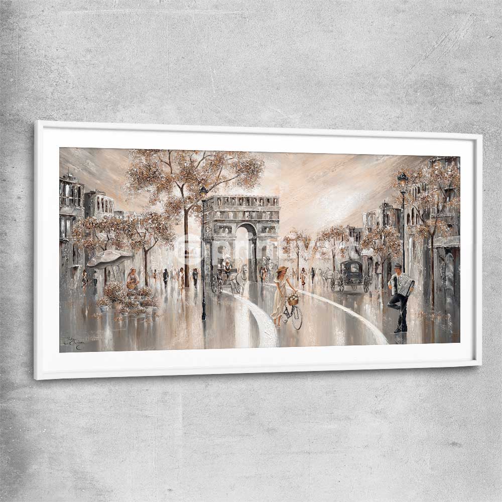 Golden Glimpse, Paris white glass front frame - part of our high quality canvas abstract wall art collection