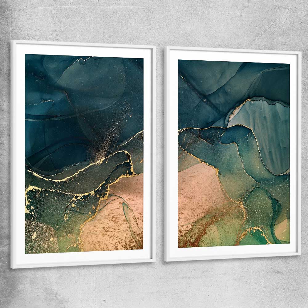 Golden Mist Pair white glass front frame - part of our high quality canvas abstract wall art collection