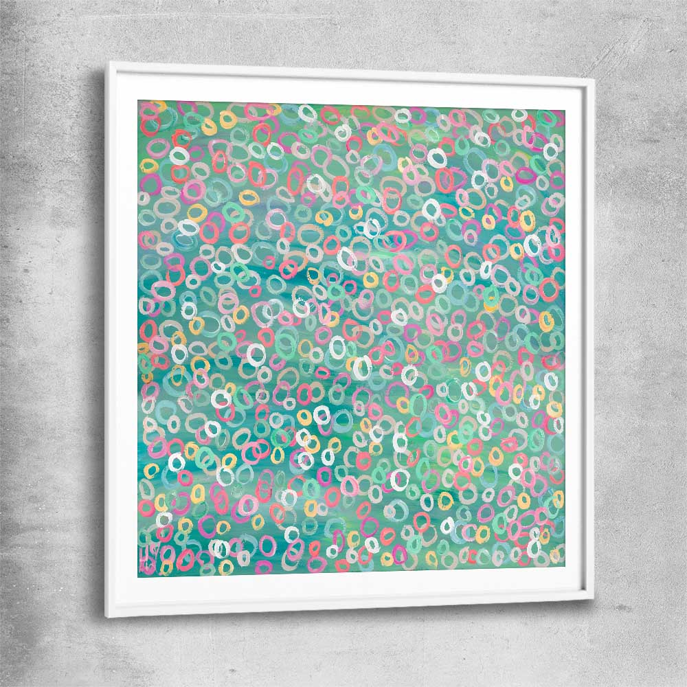 Healthy Molecules white glass front frame - part of our high quality canvas abstract wall art collection