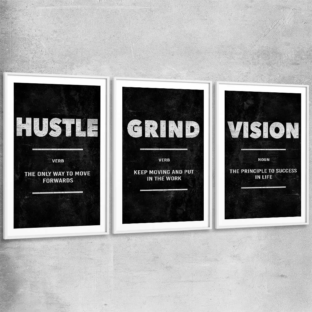 Inspirational wall art print of Hustle Definition Set with white glass front frame