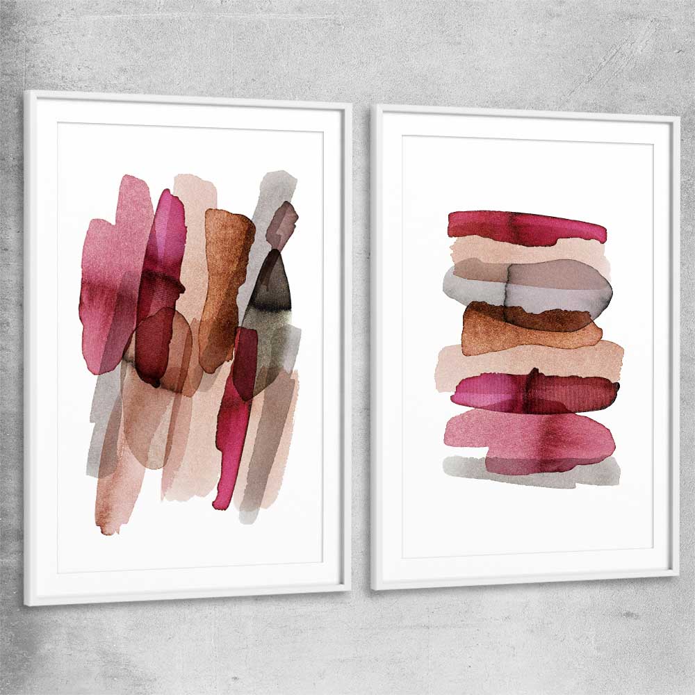 Maroon Tones Pair white glass front frame - part of our high quality canvas abstract wall art collection