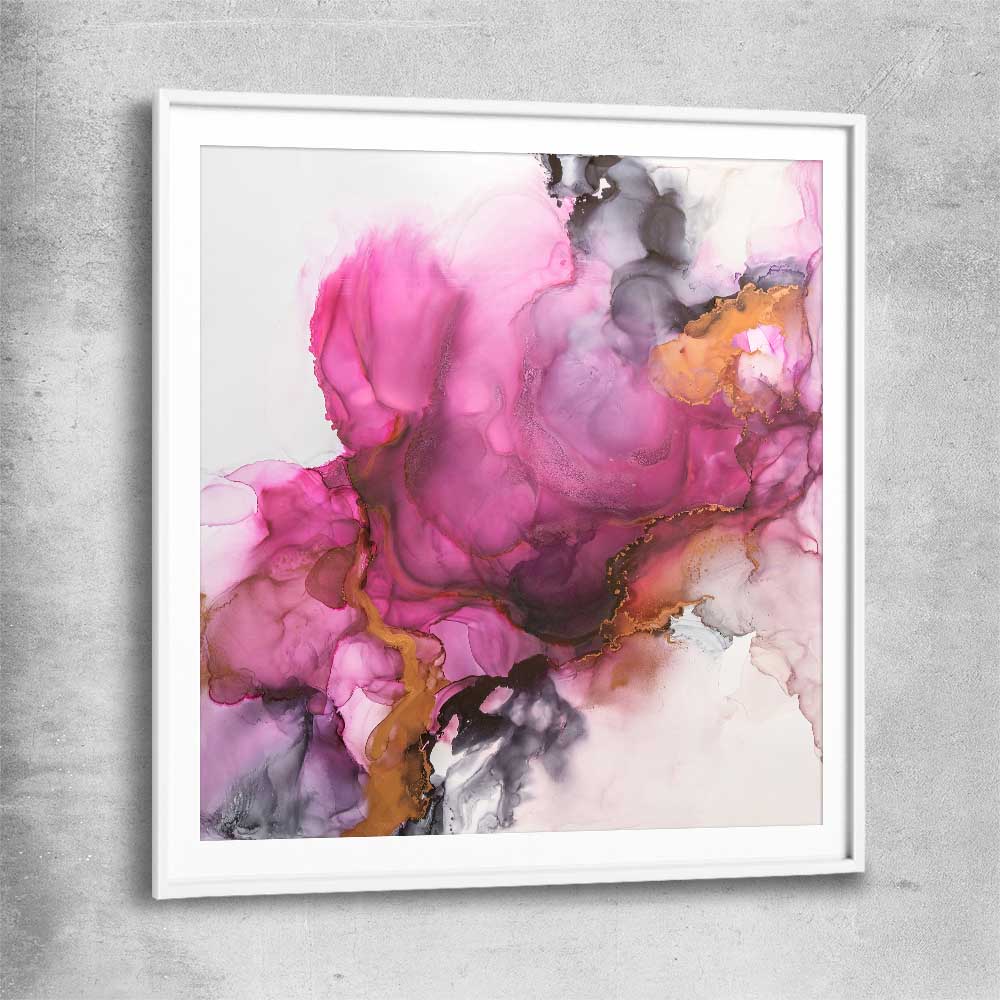 Pink Burst white glass front frame - part of our high quality canvas abstract wall art collection