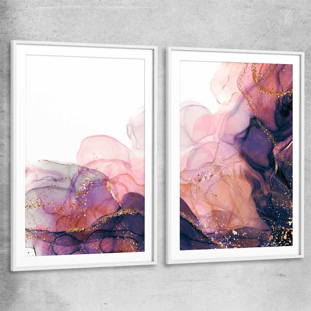 Violet Haze Pair white glass front frame - part of our high quality canvas abstract wall art collection