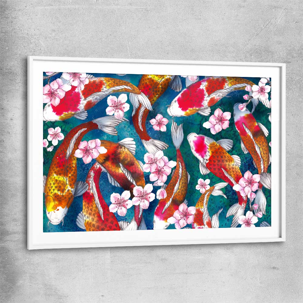 Animal wall art and canvas prints of Watercolour Carp with white glass front frame