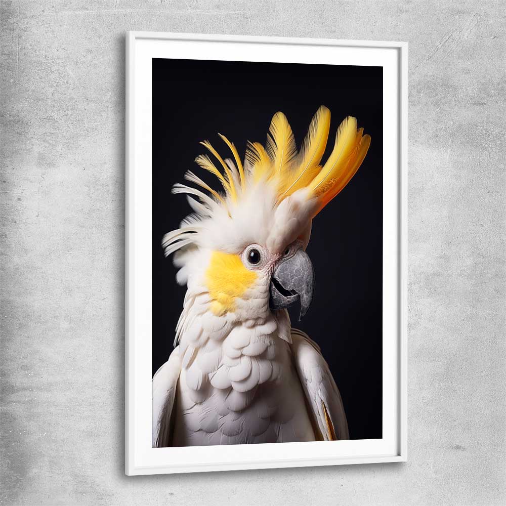 Animal wall art and canvas prints of Yellow Cockatoo One with white glass front frame