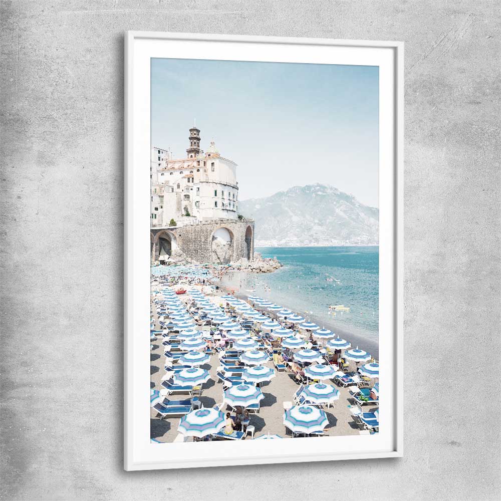 Beach and coastal wall art print of Amalfi Coast with white glass front frame