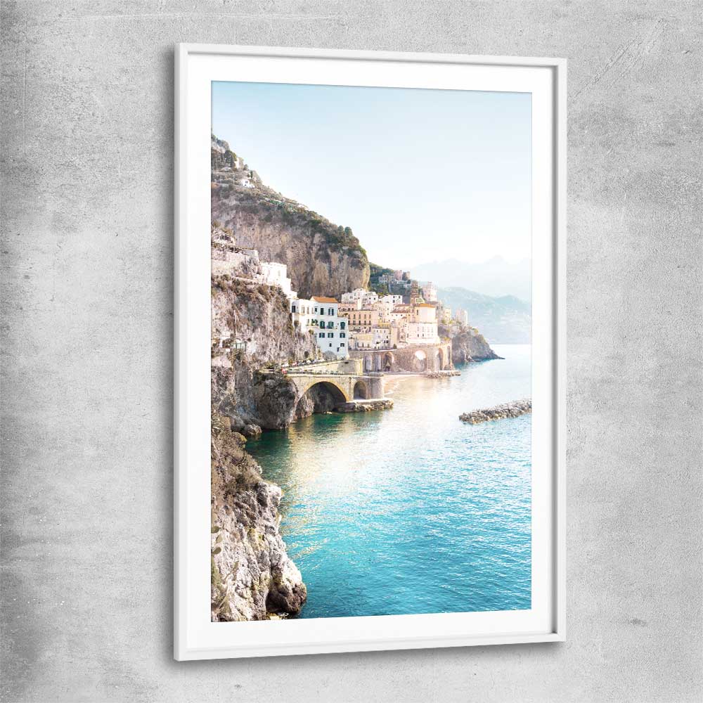 Beach and coastal wall art print of Amalfi Edge with white glass front frame