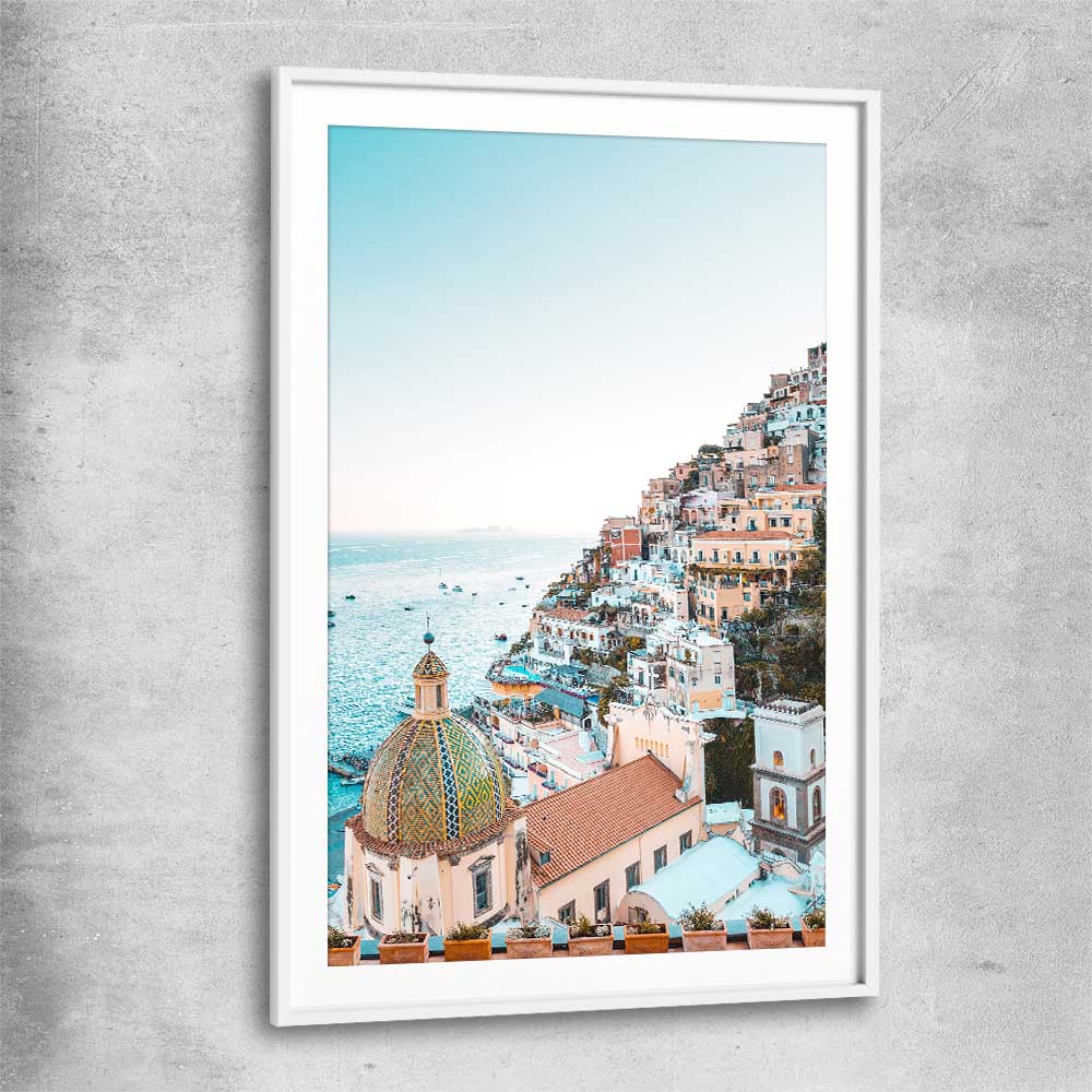Beach and coastal wall art print of Amalfi View with white glass front frame