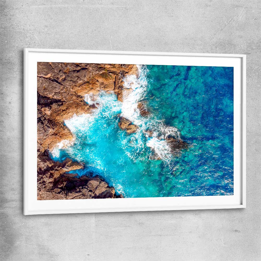 Beach and coastal wall art print of Azure Blue Sea with white glass front frame
