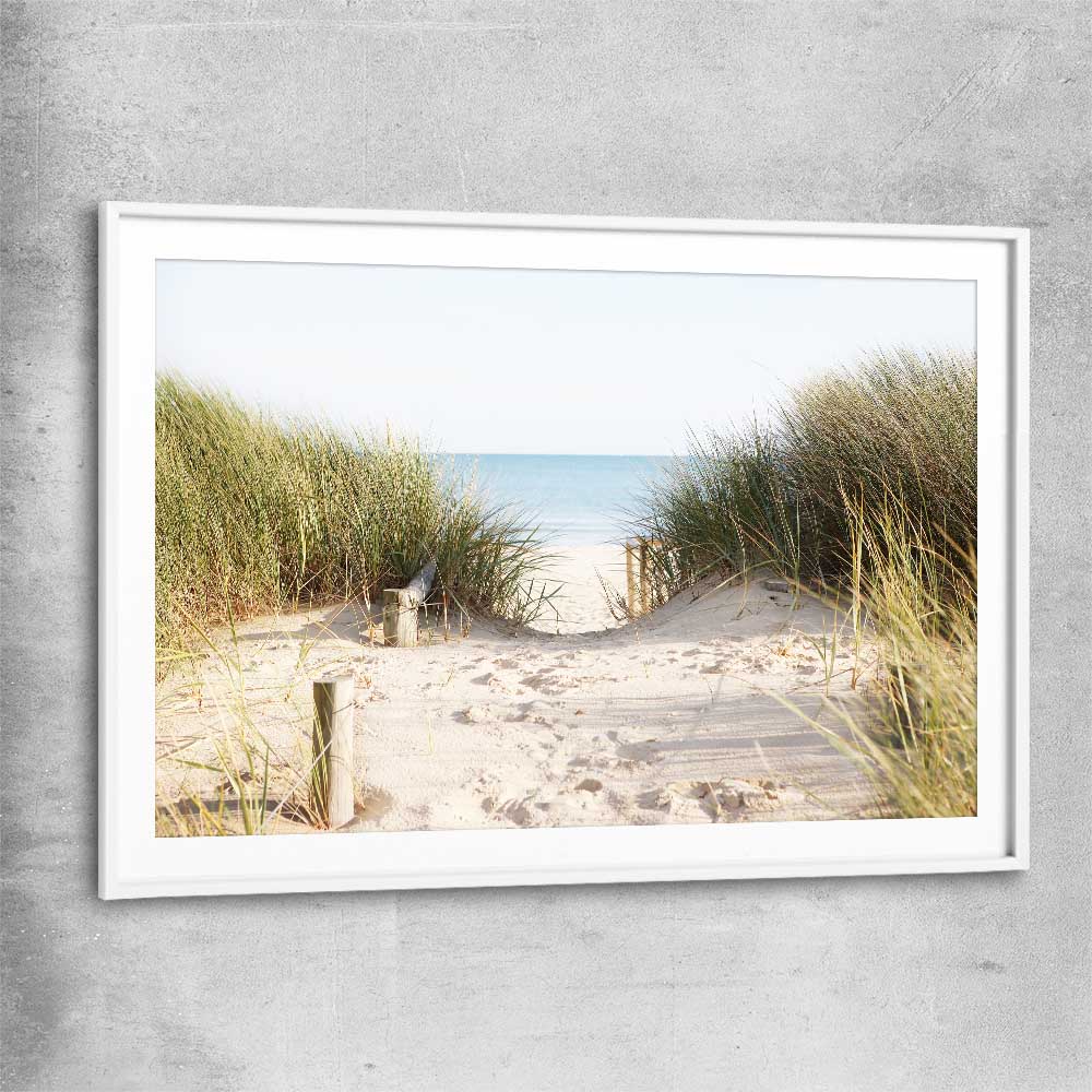 Beach and coastal wall art print of Beach Horizon with white glass front frame